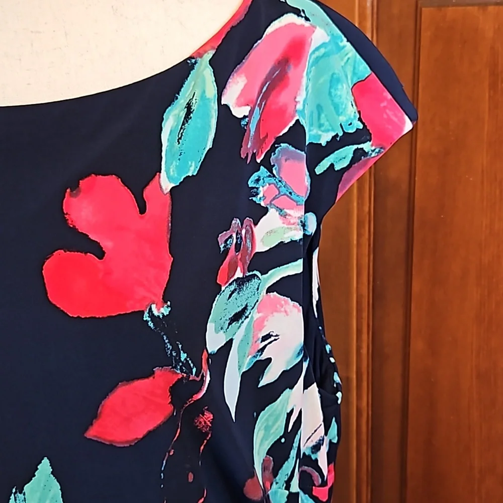 LAUREN RALPH LAUREN DRESS FLORAL 16 BLACK PINK GREEN WHITE Cap Sleeves - Picture 4 of 12